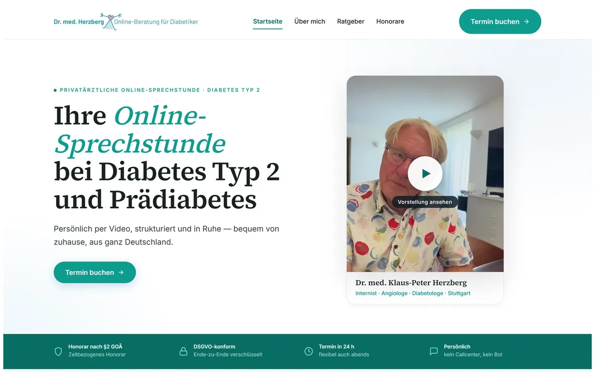 Startseite der Online-Sprechstunde von Dr. Herzberg: „Ihre persönliche Online-Sprechstunde bei Diabetes Typ 2 und Prädiabetes“