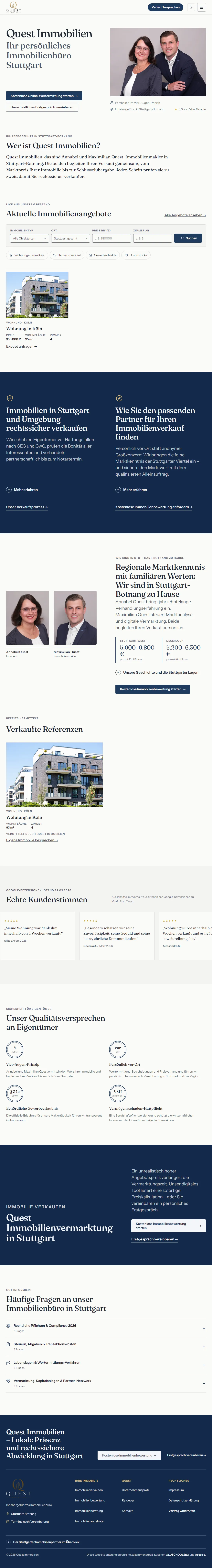 Entwurf der Website von Quest Immobilien, ganze Startseite