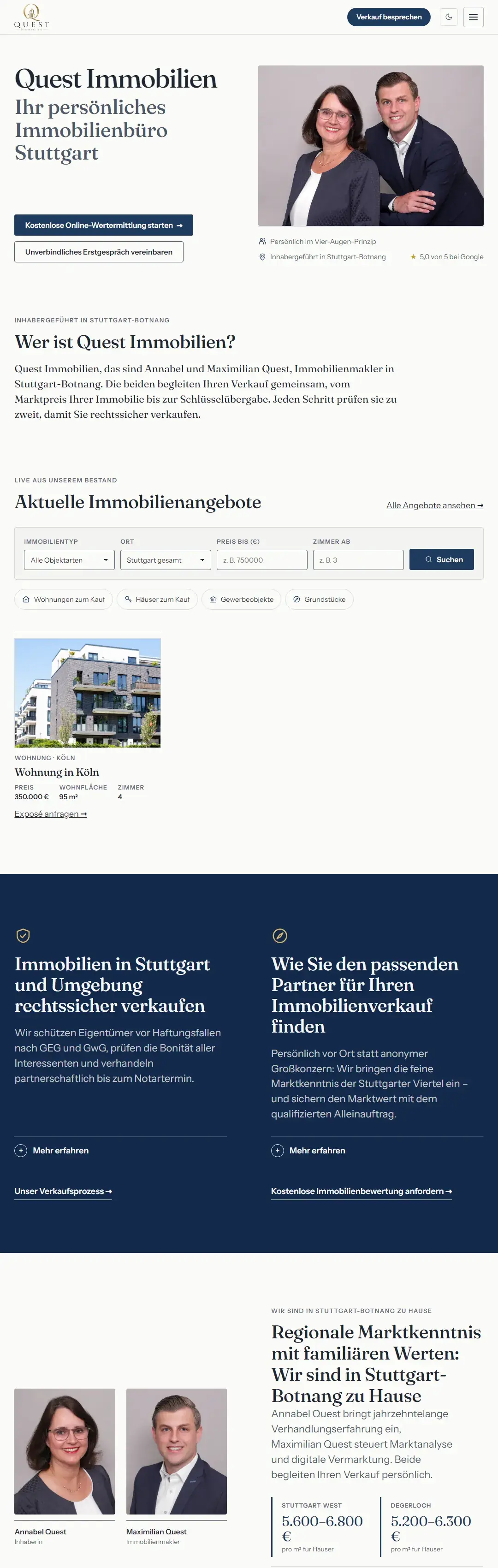 Entwurf der Website von Quest Immobilien, Startseite oben
