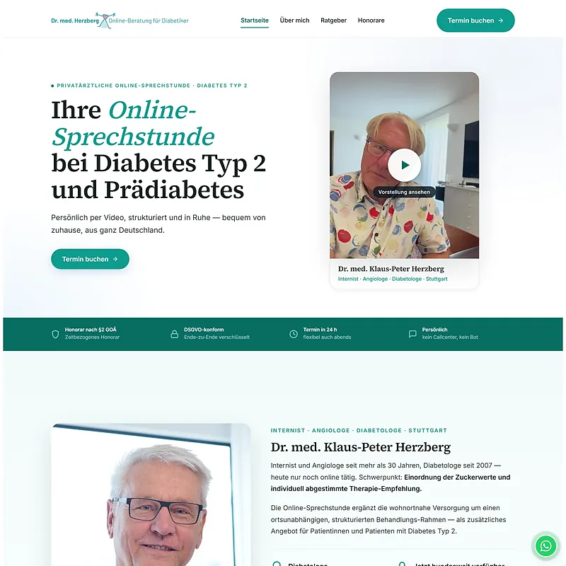 Website der Online-Sprechstunde Dr. Herzberg mit Buchungsweg