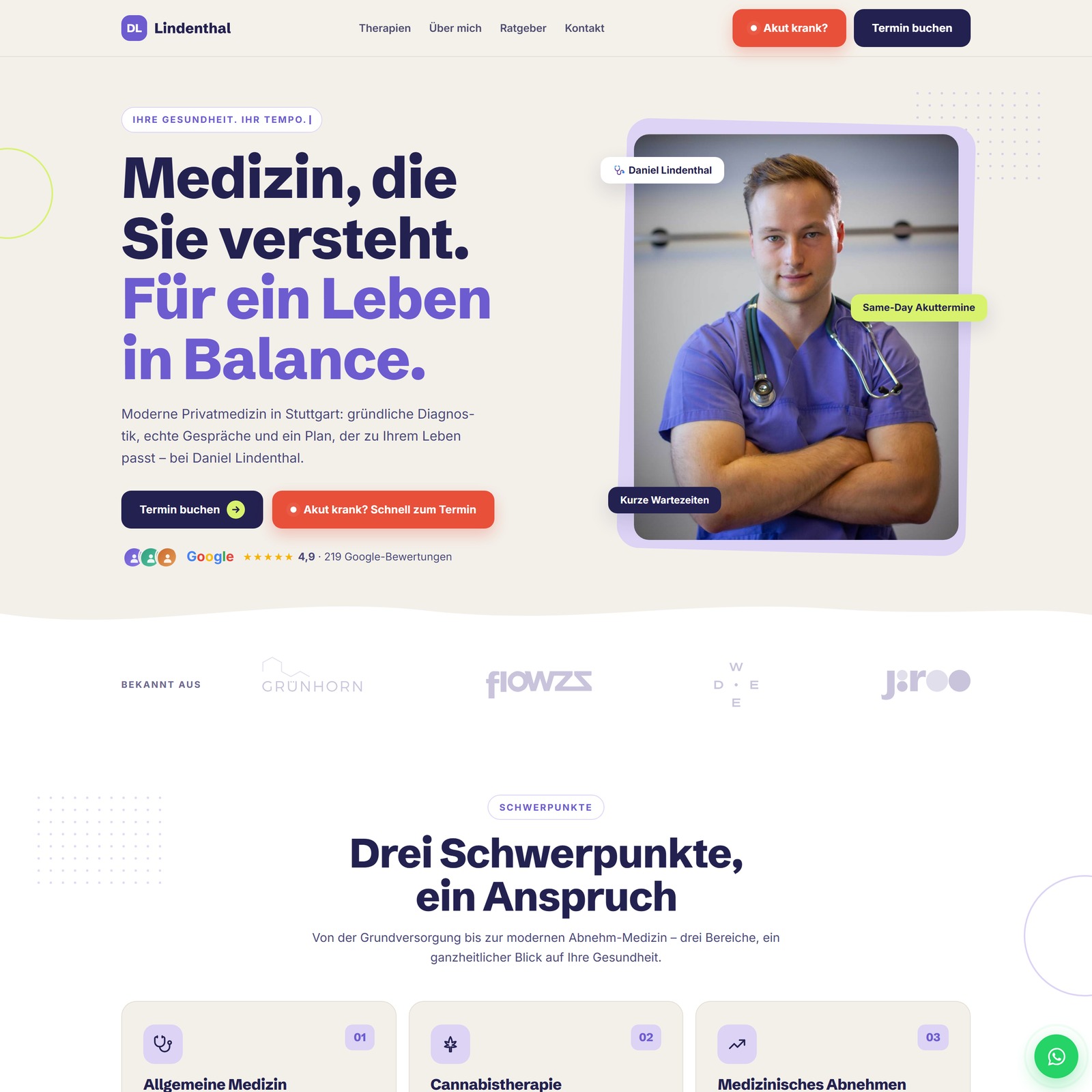 Hero-Bereich der Website von Dr. Daniel Lindenthal
