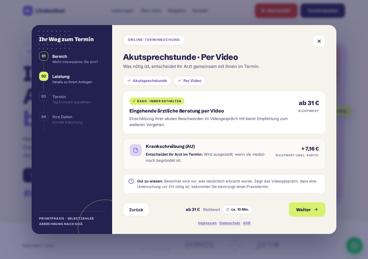 Schritt 2 der gebauten Terminbuchung: Akutsprechstunde per Video, mit Richtwert ab 31 Euro, Zusatzleistung Krankschreibung plus 7,16 Euro und der Dauer von etwa 10 Minuten.