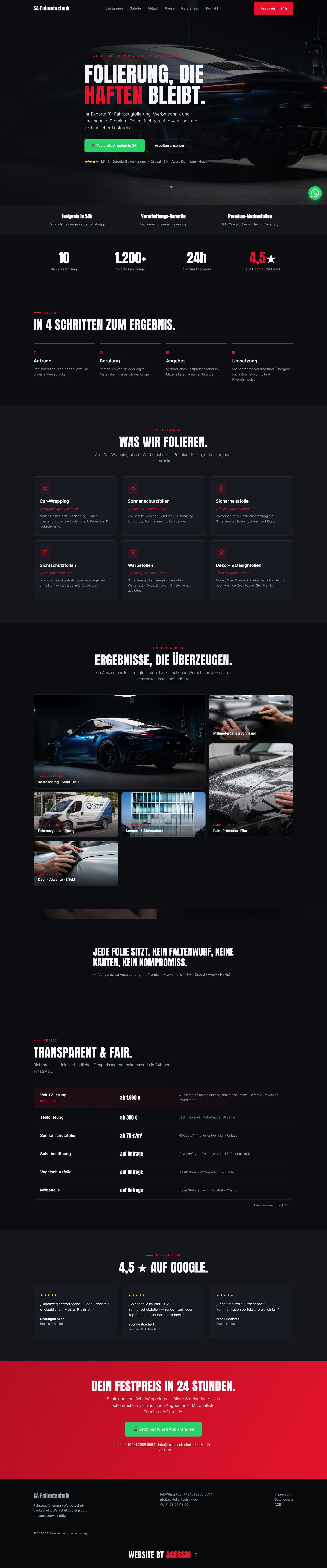 Die vollständige Website von S.A. Folientechnik von Start bis Kontakt