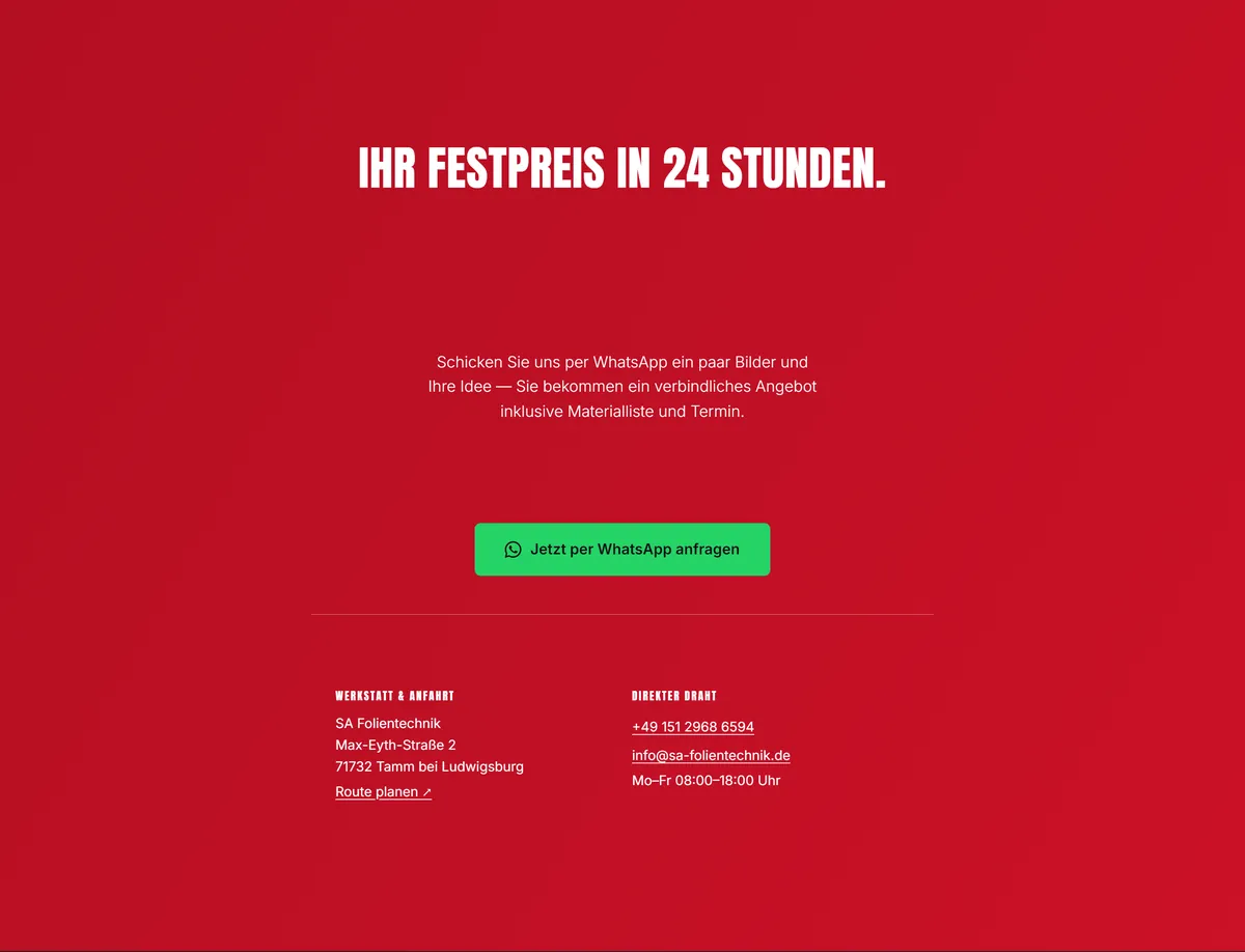 Abschnitt „Ihr Festpreis in 24 Stunden“ mit grünem WhatsApp-Knopf, Werkstattadresse Max-Eyth-Straße 2 in Tamm, Link „Route planen“, Telefonnummer und Öffnungszeiten Mo bis Fr 8 bis 18 Uhr