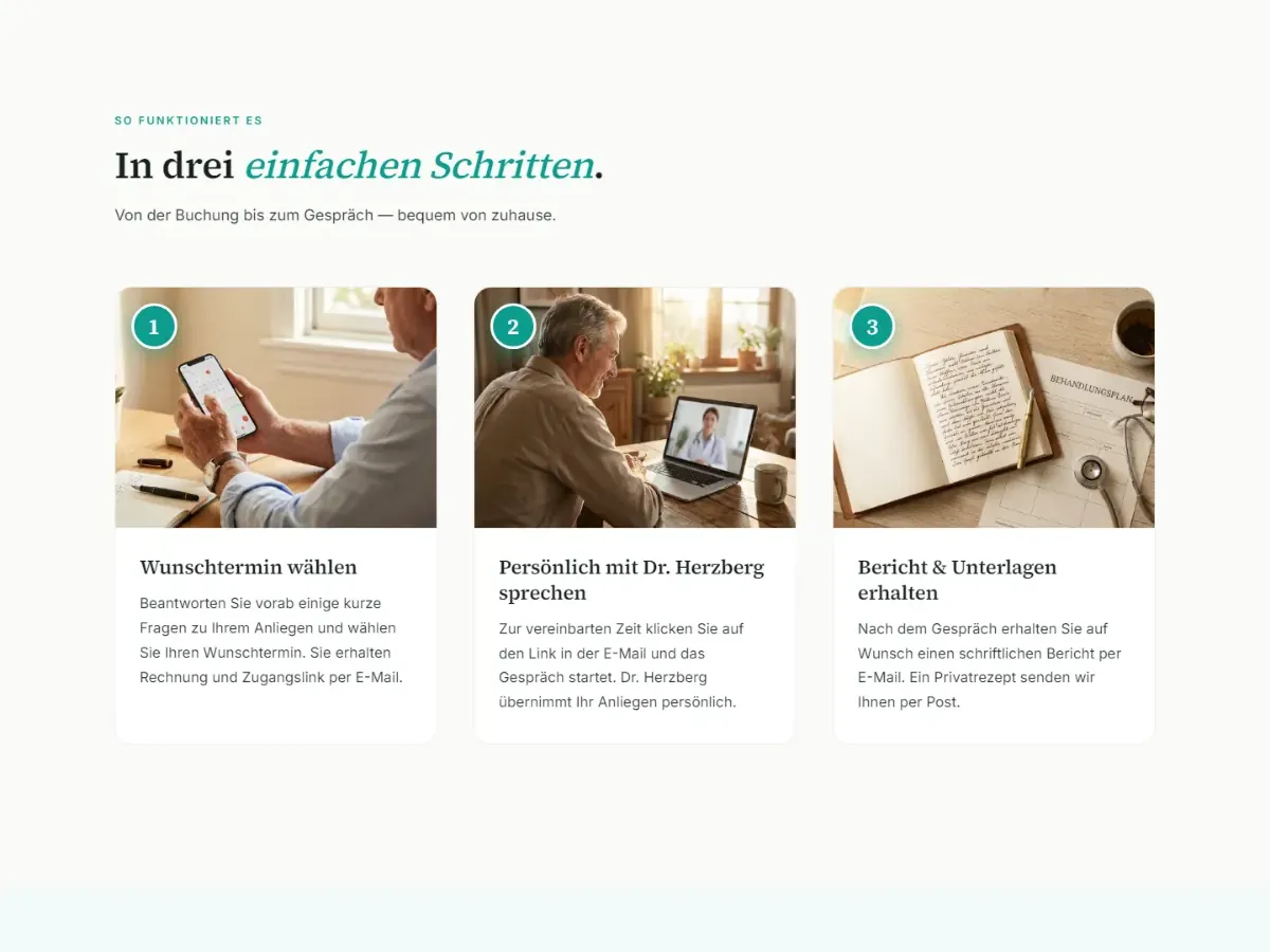 Abschnitt In drei einfachen Schritten: Wunschtermin wählen, persönlich mit Dr. Herzberg sprechen, Bericht und Unterlagen erhalten