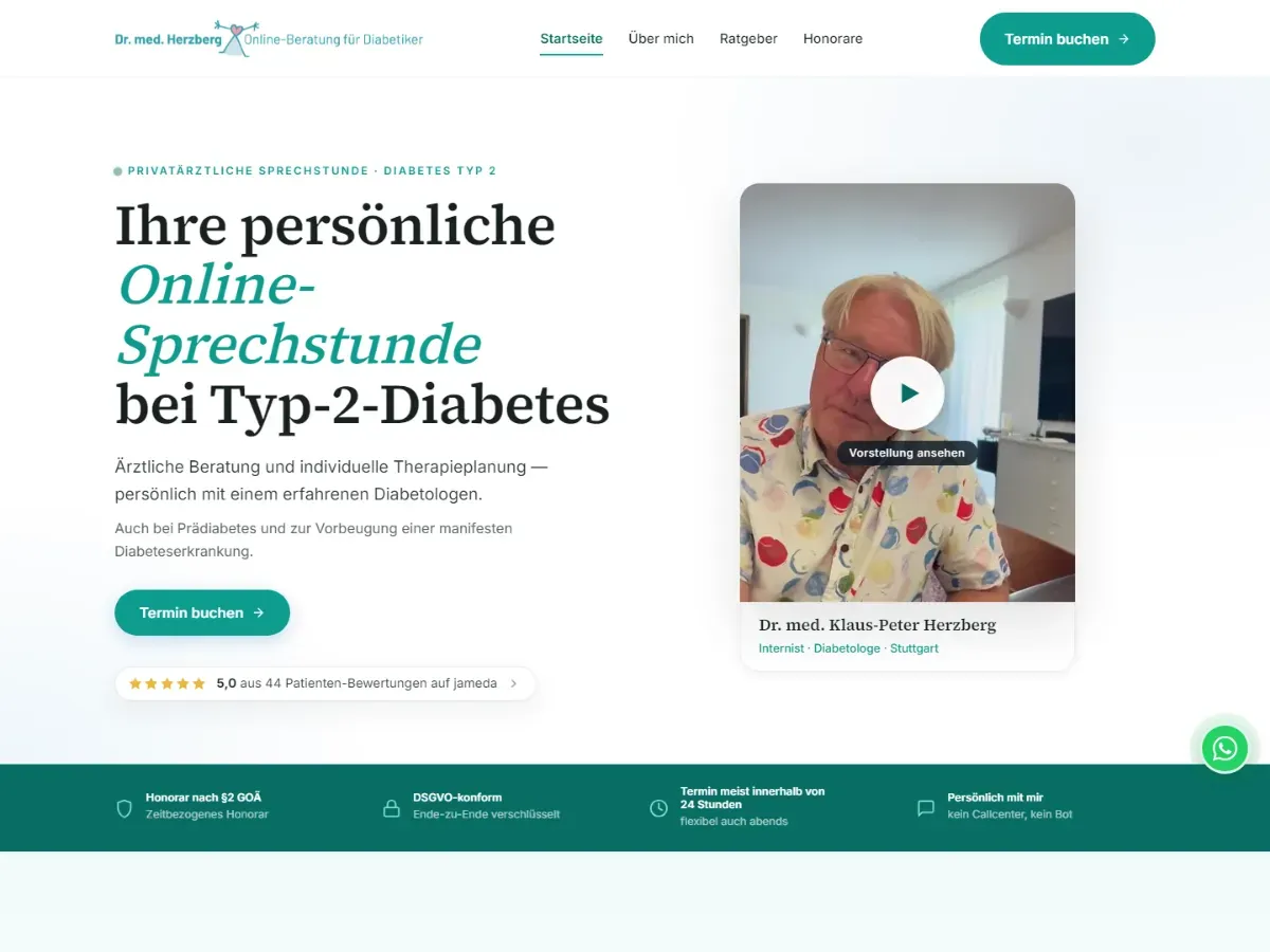 Startseite von diabetes-coaching-online.de: Ihre persönliche Online-Sprechstunde bei Typ-2-Diabetes, daneben ein Vorstellungsvideo von Dr. Herzberg