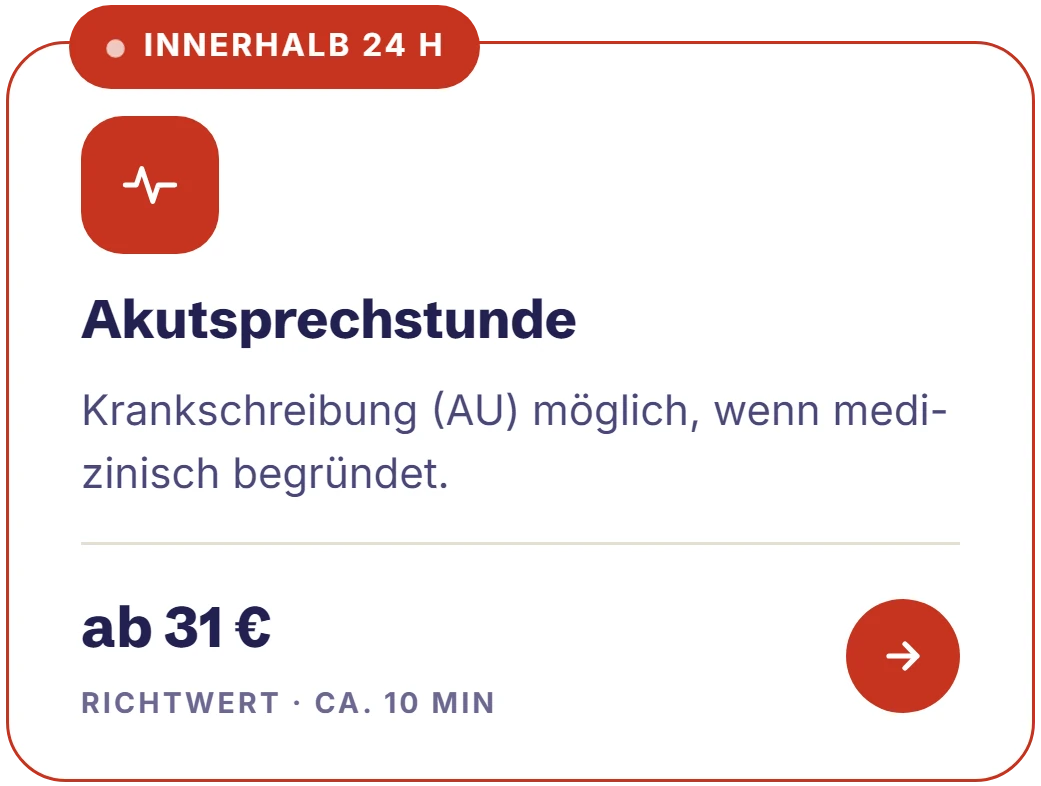 Karte „Akutsprechstunde“ aus dem Buchungsfenster: innerhalb 24 Stunden, Krankschreibung möglich, wenn medizinisch begründet, ab 31 Euro Richtwert, circa 10 Minuten