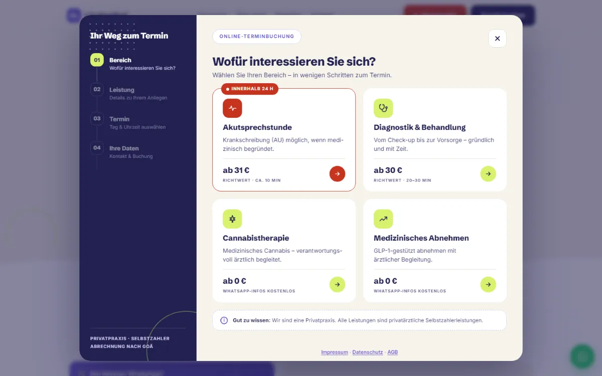 Schritt 1 des Buchungsfensters: vier Bereiche, zuerst die Akutsprechstunde mit dem Hinweis innerhalb 24 Stunden, dann Diagnostik und Behandlung, Cannabistherapie und medizinisches Abnehmen, jeweils mit Richtwert
