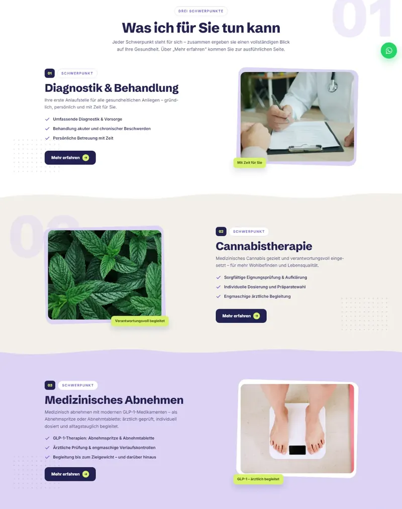 Seite Therapien: Diagnostik und Behandlung, Cannabistherapie und medizinisches Abnehmen, jeweils mit Bild, drei Stichpunkten und dem Knopf Mehr erfahren