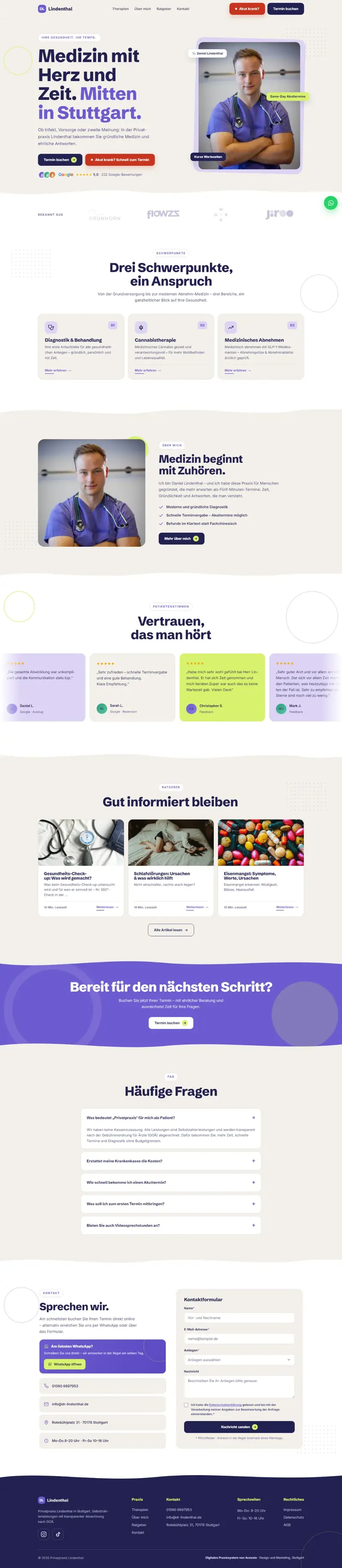 Die ganze Startseite von dr-lindenthal.de von oben bis unten: Einstieg, drei Schwerpunkte, Über mich, Patientenstimmen, Ratgeber, häufige Fragen und Kontakt