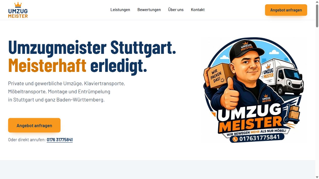 Veröffentlichte Website von Umzugmeister: blauer und oranger Einstieg mit Leistungsüberblick und Angebot-anfragen-Button