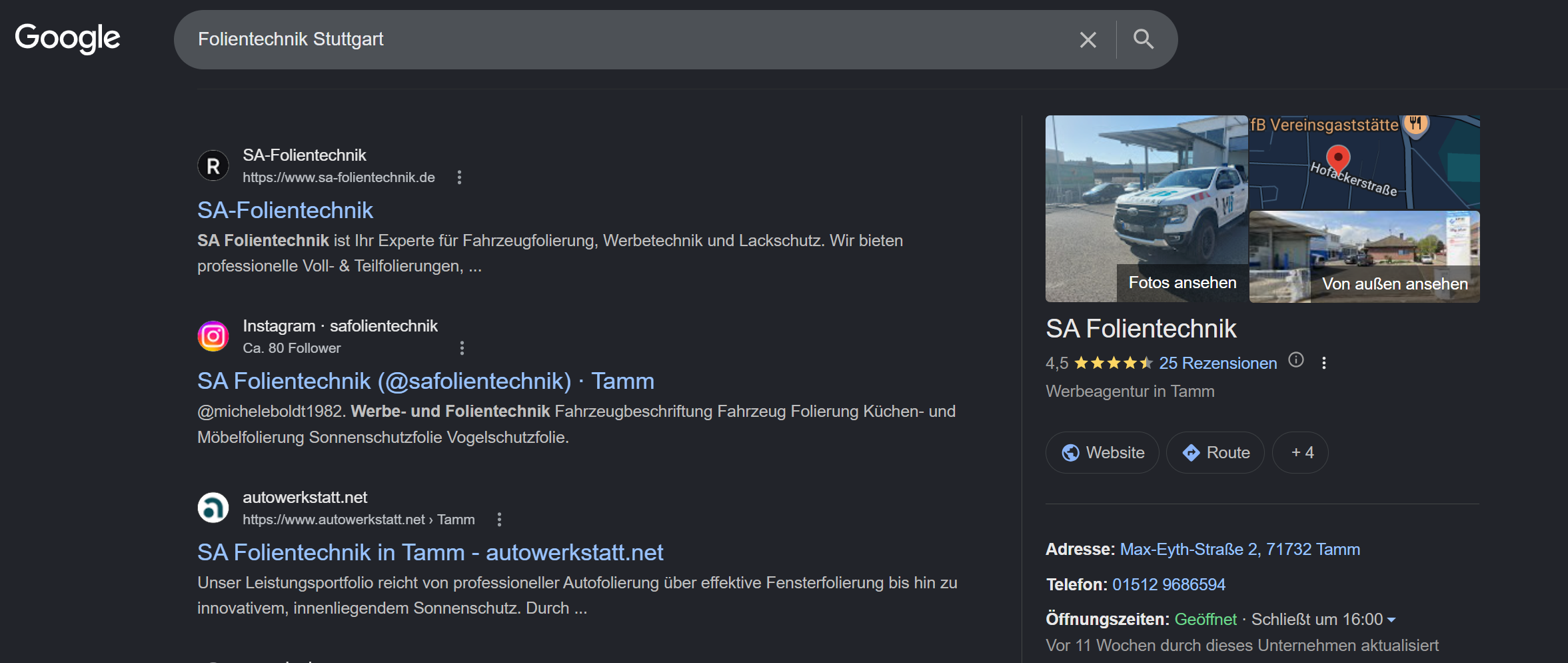 SA-Folientechnik auf Google Position 1 für Folientechnik Stuttgart — SEO Case Study acessio
